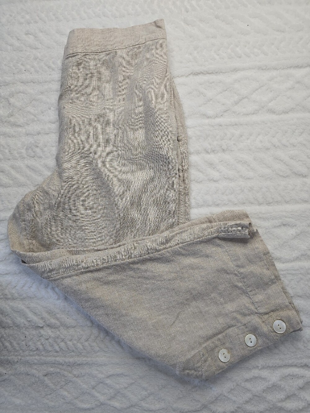Chico's Linen Crop Pants Beige High Rise Elastic Waist Button Hem Coastal 10